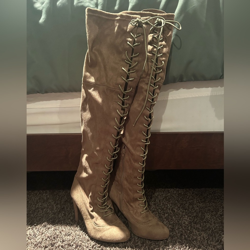 Beige Lace Up Thigh High Boots